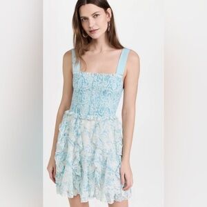 ALICE + OLIVIA Jocelyn Smocked Mini Dress Blue Off White Ruffle Floral Paisley
